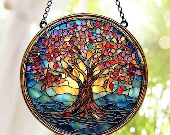 Handmade Tree of Life Stained Glass Window Hanging, Celtic Tree Of Life GLASS Suncatcher Decor, Wildlife Tree of Life Gift, Memorial Gift