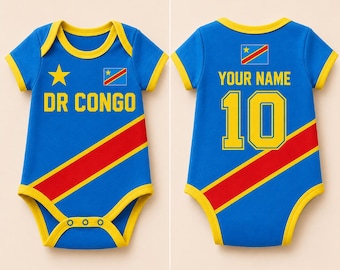Body personalizado para bebé de la República Democrática del Congo, conjunto de fútbol para bebé con nombre personalizado, conjunto para recién nacido con la bandera de la República Democrática del Congo, regalo para aficionados al fútbol de la República Democrática del Congo.