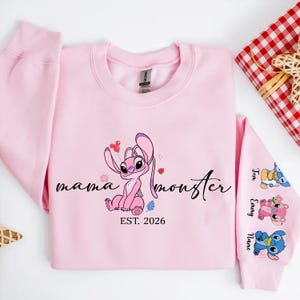 Personalised Mama Monster Sweatshirt with names 2026 | Stitch Mothers Day Gift| Mama Stitch top | Mama Est with Name On The sleeve Shirt image 1