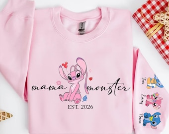 Personalised Mama Monster Sweatshirt with names 2026 | Stitch Mothers Day Gift| Mama Stitch top | Mama Est with Name On The sleeve Shirt