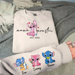 Personalised Mama Monster Sweatshirt with names 2026 | Stitch Mothers Day Gift| Mama Stitch top | Mama Est with Name On The sleeve Shirt image 5