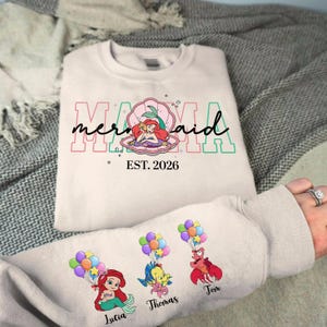 Personalized Mama Mermaid Sweatshirt | Little Mermaid Sweater | Princess Ariel Jumper | Mama with Kid Name on Sleeve Sweater | Mermaid Tee image 1