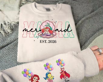 Personalized Mama Mermaid Sweatshirt | Little Mermaid Sweater | Princess Ariel Jumper | Mama with Kid Name on Sleeve Sweater | Mermaid Tee
