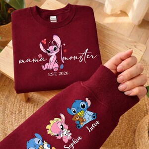 Personalised Mama Monster Sweatshirt with names 2026 | Stitch Mothers Day Gift| Mama Stitch top | Mama Est with Name On The sleeve Shirt image 3