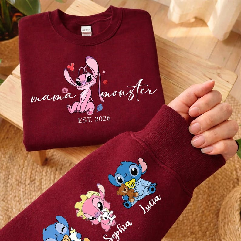 Personalised Mama Monster Sweatshirt with names 2026 | Stitch Mothers Day Gift| Mama Stitch top | Mama Est with Name On The sleeve Shirt image 3