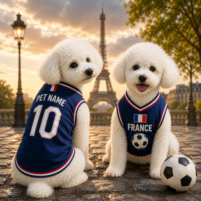Puede incluir: Dos perros blancos de pelo rizado visten camisetas azul marino sin mangas con ribetes rojos y blancos. Una camiseta muestra el texto PET NAME y el n&uacute;mero 10, mientras que la otra luce la bandera francesa, la palabra FRANCE y un bal&oacute;n.