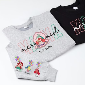 Personalized Mama Mermaid Sweatshirt | Little Mermaid Sweater | Princess Ariel Jumper | Mama with Kid Name on Sleeve Sweater | Mermaid Tee image 6
