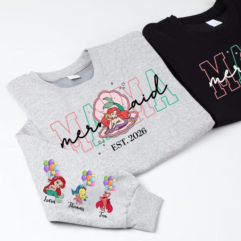 Personalized Mama Mermaid Sweatshirt | Little Mermaid Sweater | Princess Ariel Jumper | Mama with Kid Name on Sleeve Sweater | Mermaid Tee image 6