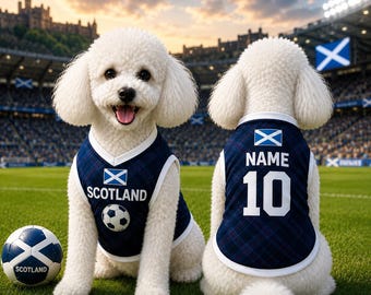 Gepersonaliseerde Schotland huisdier voetbalshirt, voetbaloutfit voor honden katten, Schotland voetbalshirt naamnummer, schattige puppy sportkleding