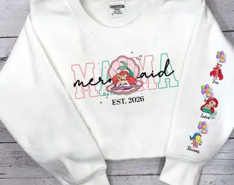 Personalized Mama Mermaid Sweatshirt | Little Mermaid Sweater | Mama with Kid Name on Sleeve Sweater | Mermaid Tee | Princess Ariel Jumper