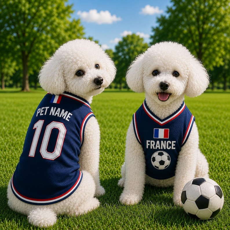 Puede incluir: Dos perros blancos de pelo rizado visten camisetas sin mangas azul marino con ribetes rojos y blancos. Una camiseta muestra el texto PET NAME y el n&uacute;mero 10. La otra camiseta presenta el texto FRANCE, una bandera francesa y un bal&oacute;n de f&uacute;tbol.
