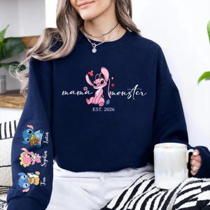 Personalised Mama Monster Sweatshirt with names 2026 | Stitch Mothers Day Gift| Mama Stitch top | Mama Est with Name On The sleeve Shirt image 4