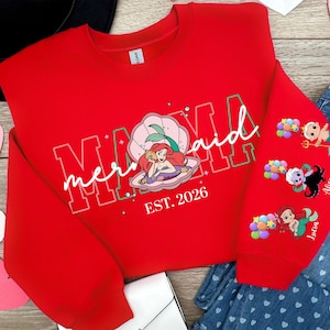 Personalized Mama Mermaid Sweatshirt | Little Mermaid Sweater | Princess Ariel Jumper | Mama with Kid Name on Sleeve Sweater | Mermaid Tee image 4