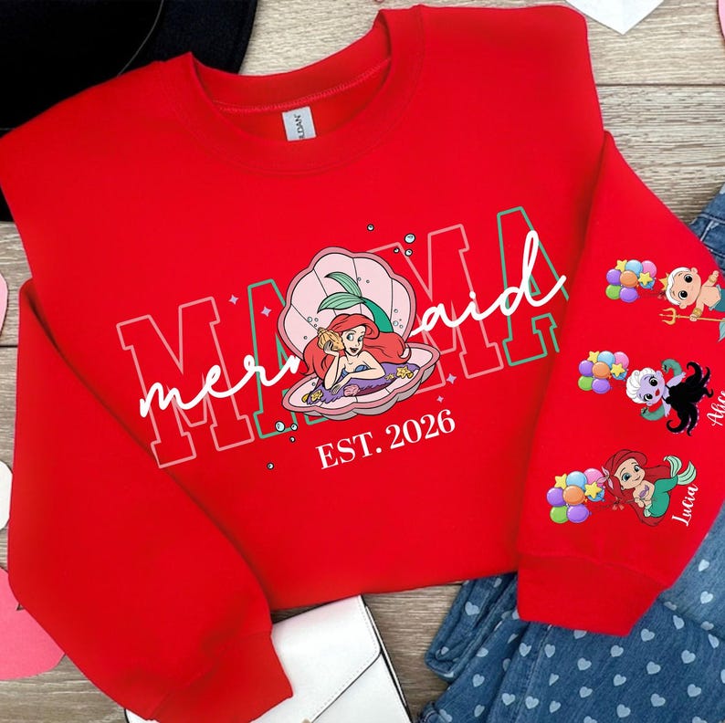 Personalized Mama Mermaid Sweatshirt | Little Mermaid Sweater | Princess Ariel Jumper | Mama with Kid Name on Sleeve Sweater | Mermaid Tee image 4