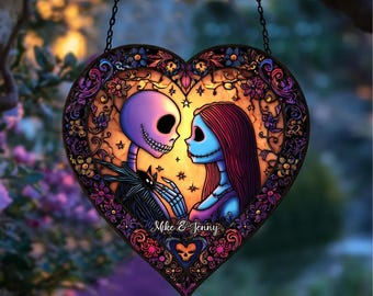 Couple Nightmare Acrylic Suncatcher, Custom Name Jack & Sally Couple Xmas Window Decor, Movie Holiday Acrylic Art Gift, Spooky Decor