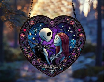 Custom Name Jack & Sally Couple Xmas Window Decor, Couple Nightmare Acrylic Suncatcher, Movie Holiday Acrylic Art Gift, Spooky Decor