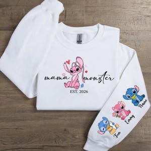Personalised Mama Monster Sweatshirt with names 2026 | Stitch Mothers Day Gift| Mama Stitch top | Mama Est with Name On The sleeve Shirt image 6