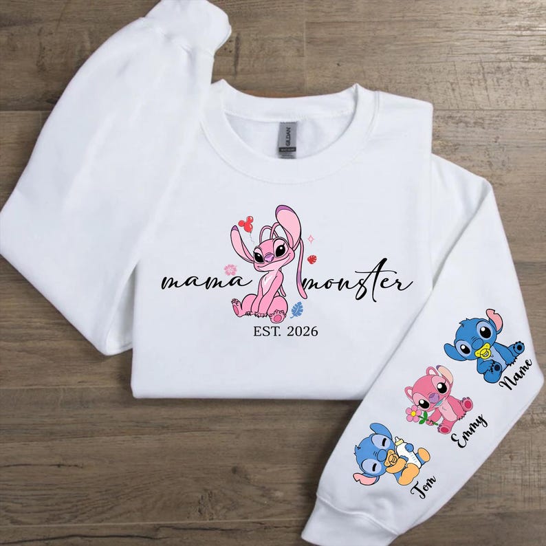 Personalised Mama Monster Sweatshirt with names 2026 | Stitch Mothers Day Gift| Mama Stitch top | Mama Est with Name On The sleeve Shirt image 6