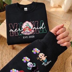 Personalized Mama Mermaid Sweatshirt | Little Mermaid Sweater | Princess Ariel Jumper | Mama with Kid Name on Sleeve Sweater | Mermaid Tee image 9