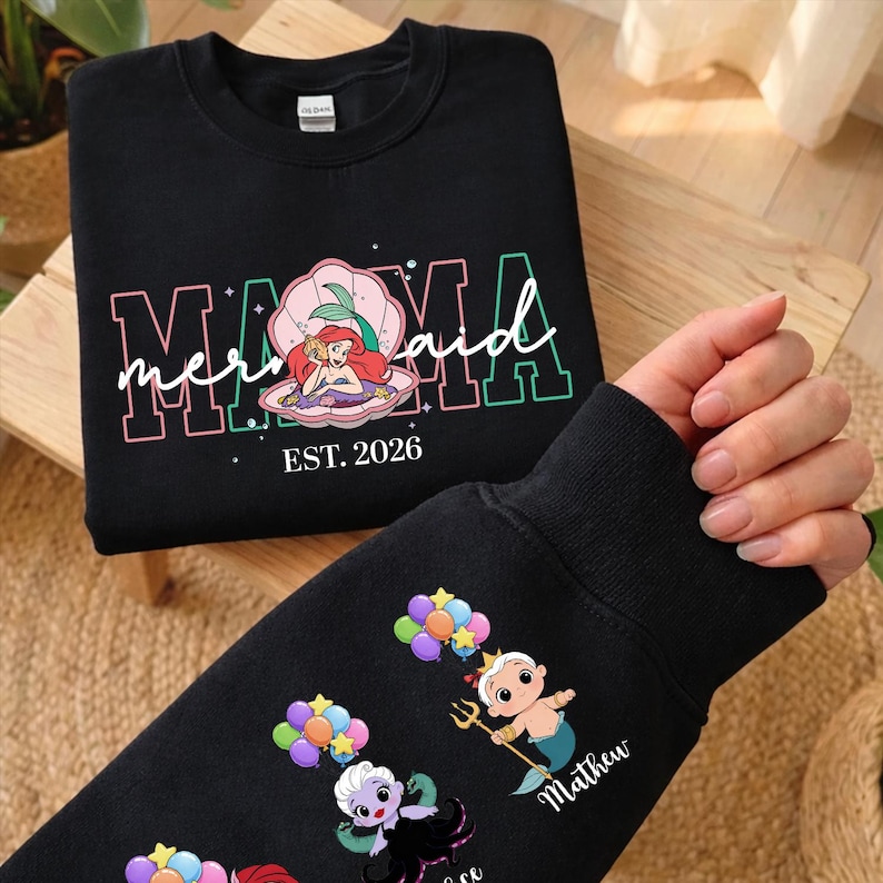 Personalized Mama Mermaid Sweatshirt | Little Mermaid Sweater | Princess Ariel Jumper | Mama with Kid Name on Sleeve Sweater | Mermaid Tee image 9