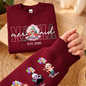Personalized Mama Mermaid Sweatshirt | Little Mermaid Sweater | Princess Ariel Jumper | Mama with Kid Name on Sleeve Sweater | Mermaid Tee image 8
