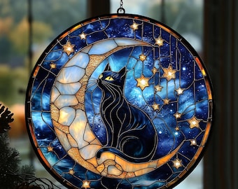 天空の黒猫のステンドグラス - 三日月と花の夜空を飾ったユニークな窓