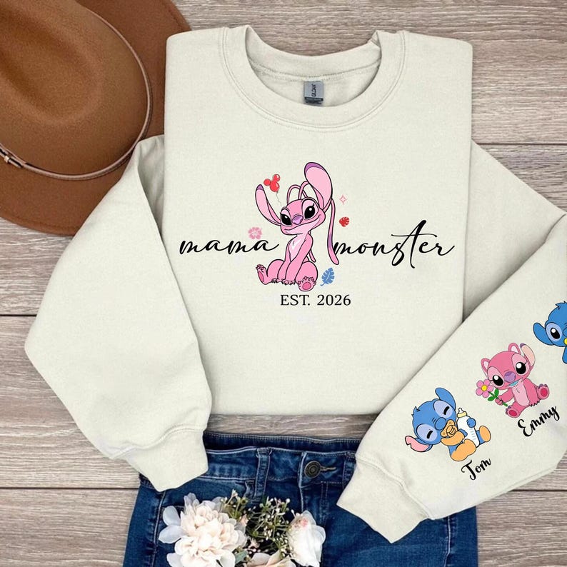 Personalised Mama Monster Sweatshirt with names 2026 | Stitch Mothers Day Gift| Mama Stitch top | Mama Est with Name On The sleeve Shirt image 2