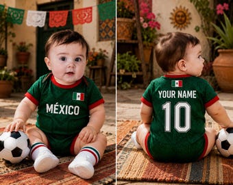 メキシコ国旗柄のベビーボディスーツ、名前入りサッカーベビー服、メキシコサッカーファンへのギフト、メキシコ国旗柄新生児服、ベビーシャワーギフト