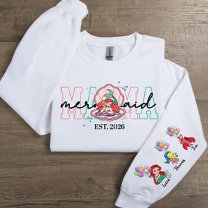 Personalized Mama Mermaid Sweatshirt | Little Mermaid Sweater | Princess Ariel Jumper | Mama with Kid Name on Sleeve Sweater | Mermaid Tee image 7