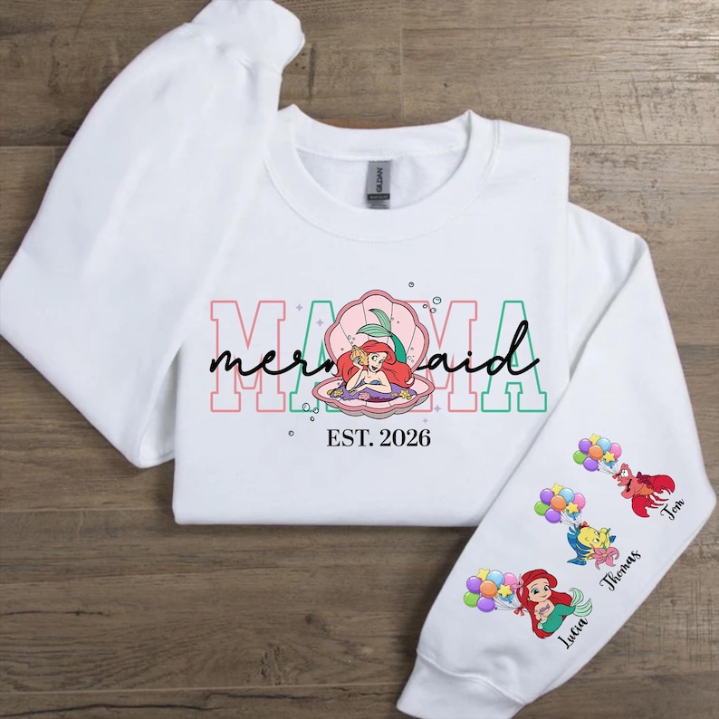Personalized Mama Mermaid Sweatshirt | Little Mermaid Sweater | Princess Ariel Jumper | Mama with Kid Name on Sleeve Sweater | Mermaid Tee image 7
