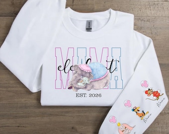 Personalised Mama Dumbo Sweatshirt with names 2026, Disney Jumbo And Dumbo Elephant Sweater, Mom Gift, Mama Est with Name On The sleeve