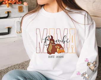 Personalised Mama Bambi's Sweatshirt with names 2026, Disney Bambi's Mom Sweatshirt, Mother Day Gift, Mama Est with Name On The sleeve