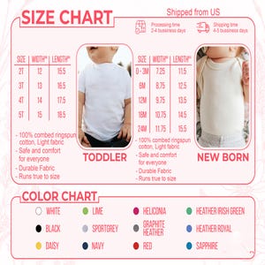 May include: A size chart for toddler and newborn clothing, with measurements in inches. The chart includes sizes, widths, and lengths, along with a color chart featuring various colours like white, black, and red. The text also mentions the fabric is 100% combed ringspun cotton.