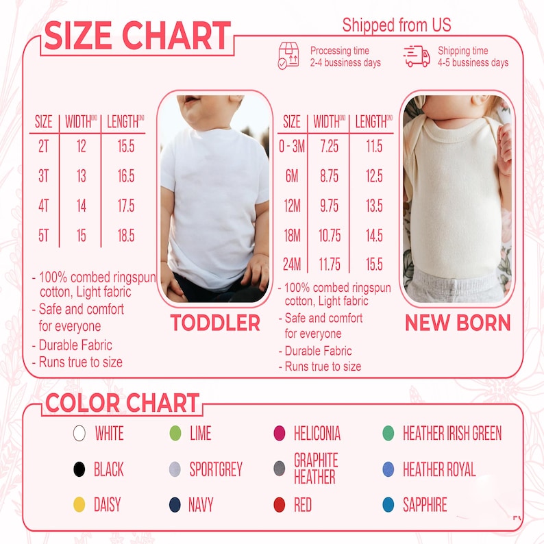 May include: A size chart for toddler and newborn clothing, with measurements in inches. The chart includes sizes, widths, and lengths, along with a color chart featuring various colours like white, black, and red. The text also mentions the fabric is 100% combed ringspun cotton.