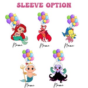 May include: A collection of cartoon character designs from a popular animated film. Each character is holding a bundle of colorful balloons. The text "SLEEVE OPTION" is at the top, and the word "Name" is written below each character.