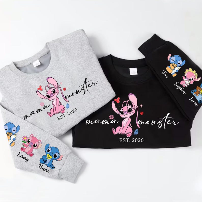 Personalised Mama Monster Sweatshirt with names 2026 | Stitch Mothers Day Gift| Mama Stitch top | Mama Est with Name On The sleeve Shirt image 8