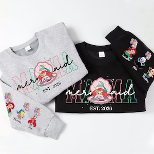 Personalized Mama Mermaid Sweatshirt | Little Mermaid Sweater | Princess Ariel Jumper | Mama with Kid Name on Sleeve Sweater | Mermaid Tee image 3