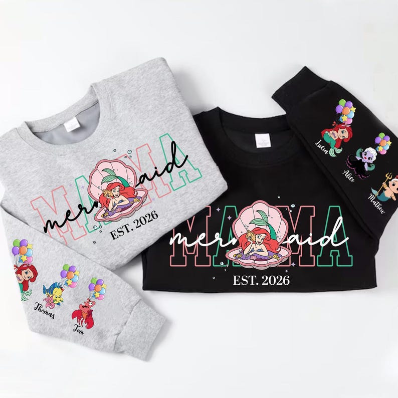 Personalized Mama Mermaid Sweatshirt | Little Mermaid Sweater | Princess Ariel Jumper | Mama with Kid Name on Sleeve Sweater | Mermaid Tee image 3