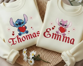 Sudadera con bordado de puntada y ángulo con nombre personalizado, sudadera con capucha bordada de San Valentín, suéteres bordados de pareja de dibujos animados de Disney