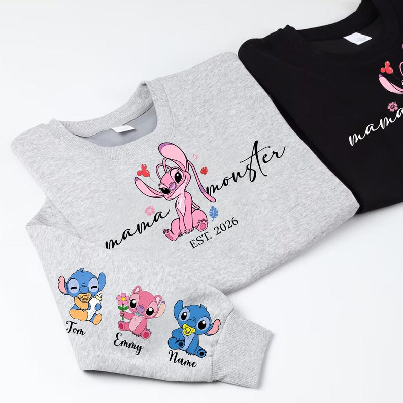 Personalised Mama Monster Sweatshirt with names 2026 | Stitch Mothers Day Gift| Mama Stitch top | Mama Est with Name On The sleeve Shirt image 7