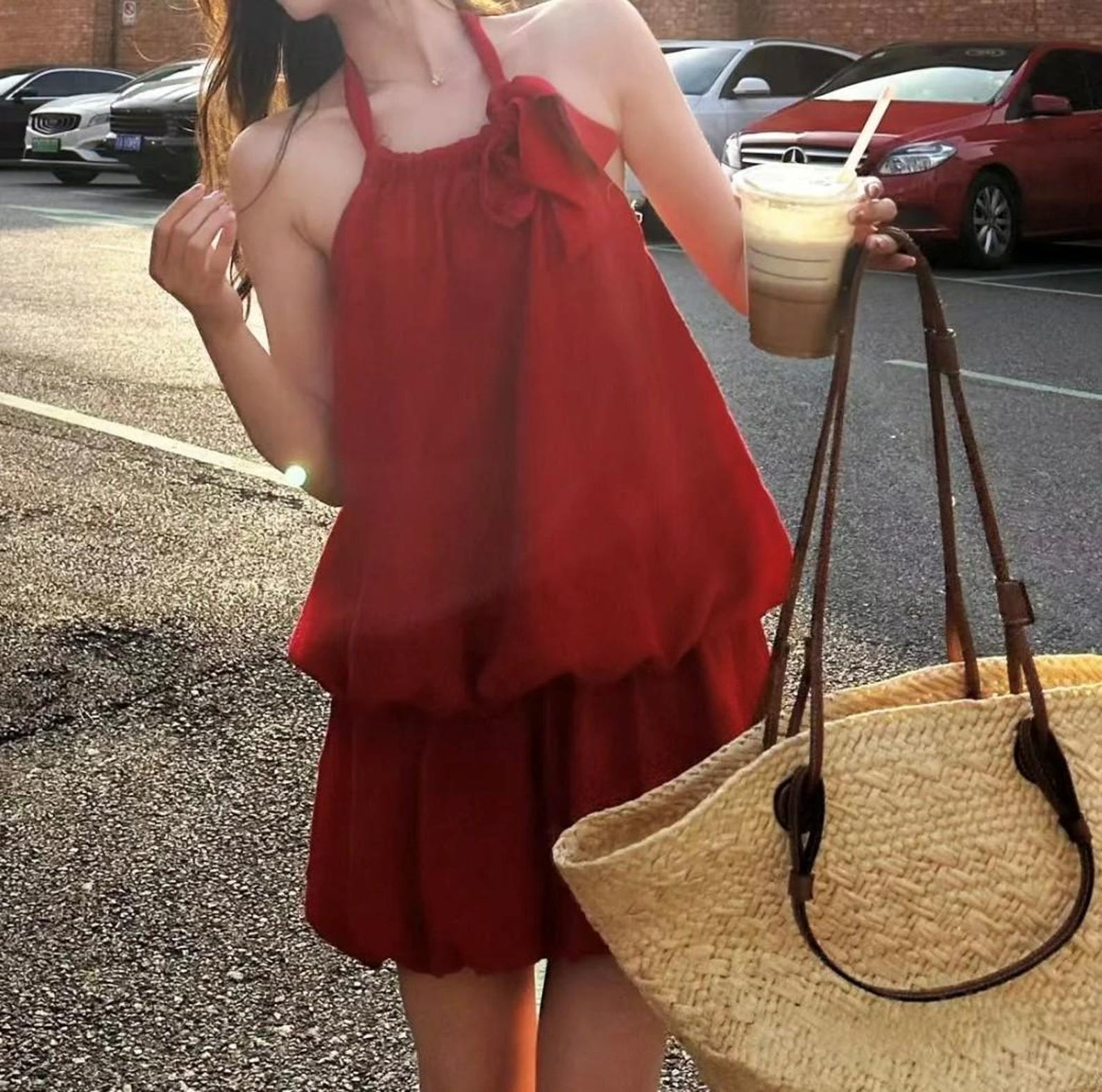 Moxidress Flower Halter Neck Backless Ruffle Layered Mini Dress