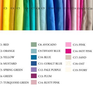 Op de afbeelding: Een kleurenkaart met stofstalen in verschillende tinten, waaronder rood, oranje, geel, groen, blauw en roze. Elke kleur is gelabeld met een bijbehorende code, zoals C1 voor rood en C2 voor oranje. De kaart bevat ook kleurnamen zoals "Tiffany Blue" en "Hot Pink".
