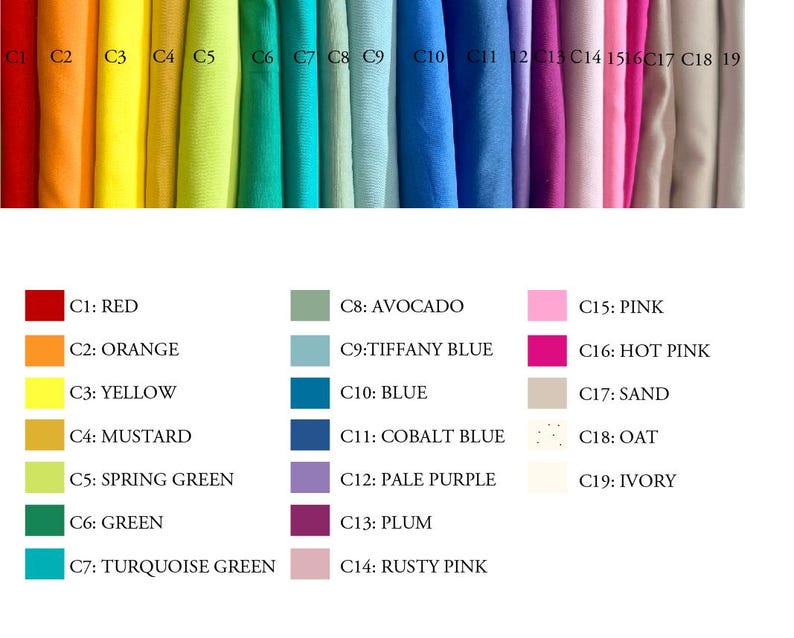 Op de afbeelding: Een kleurenkaart met stofstalen in verschillende tinten, waaronder rood, oranje, geel, groen, blauw en roze. Elke kleur is gelabeld met een bijbehorende code, zoals C1 voor rood en C2 voor oranje. De kaart bevat ook kleurnamen zoals "Tiffany Blue" en "Hot Pink".