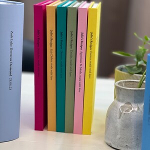 Op de afbeelding: Een verzameling kleurrijke receptenboeken met de tekst "Julie's Recipes" en verschillende maaltijdcategorie&euml;n. De boeken zijn in tinten roze, geel, groen en blauwgroen. Links staat een lichtblauw boek met tekst.