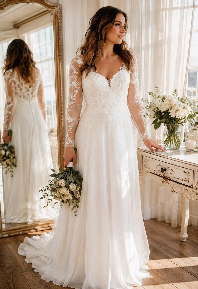 Long Sleeve Lace Wedding Dress | Illusion V Neck Bridal Gown | F
loral