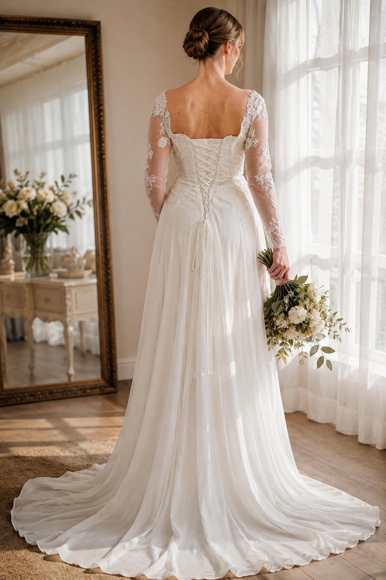 Long Sleeve Lace Wedding Dress | Illusion V Neck Bridal Gown | Floral Long Sleeve Lace Wedding Dress | Illusion V Neck Bridal Gown | Floral
