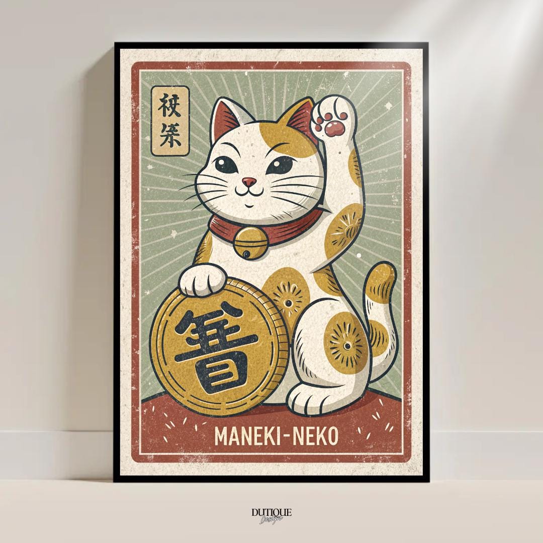 Maneki Neko Poster Japan Lucky Cat Wall Art Retro Vintage Asian ...