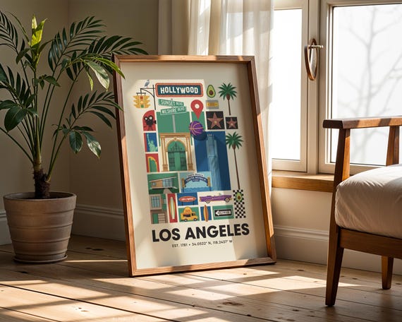 Los Angeles Poster Hollywood Wandbild Kalifornien Deko USA Reise Geschenk Retro Wandkunst Santa Monica Palm Beach Druck Modernes Design