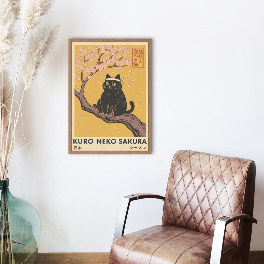 Kuro Neko Print, Anime Cat Poster, Japanese Wall Art Decor, Sakura
