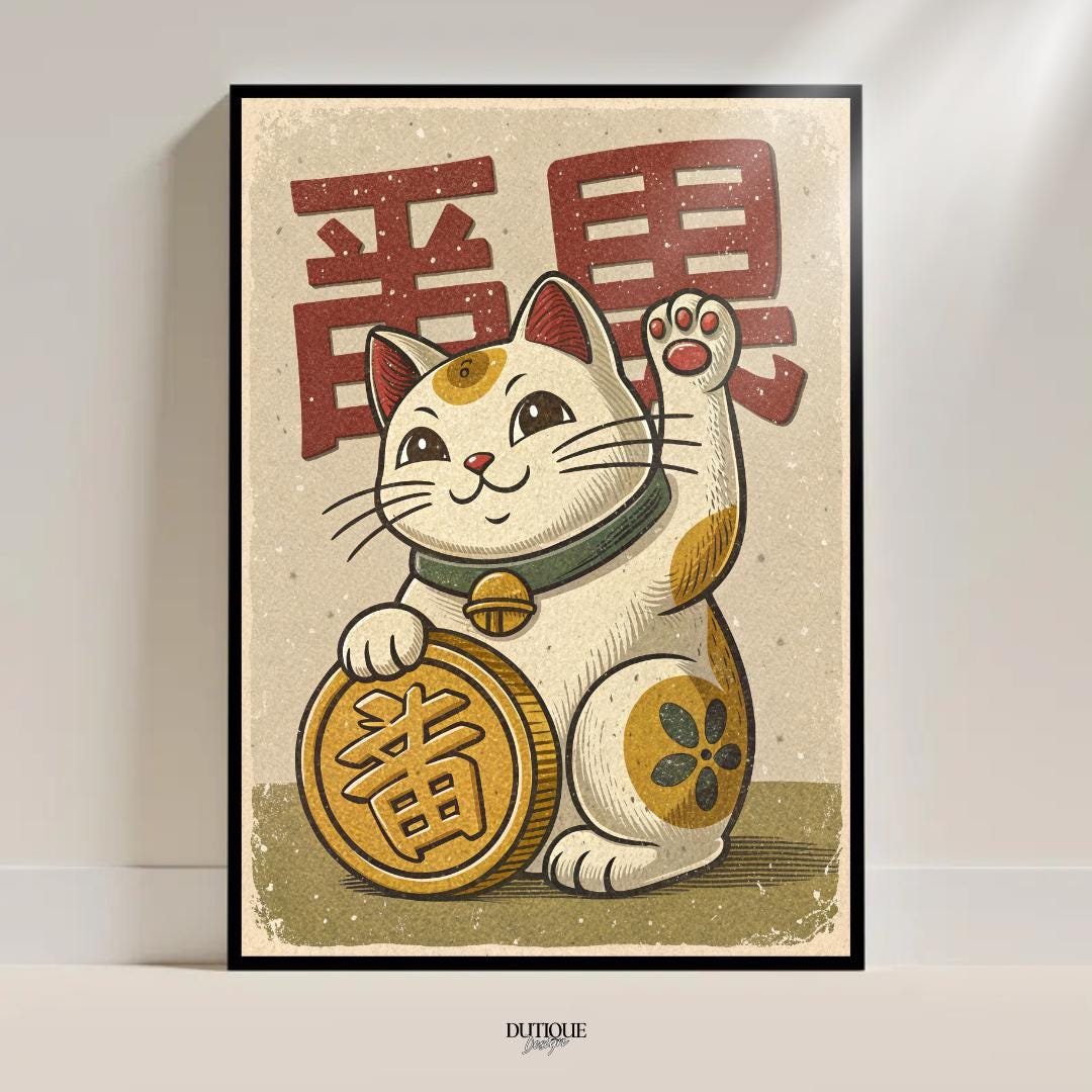 Maneki Neko Poster Lucky Cat Japanese Retro Artwork Asian Wall Decor ...